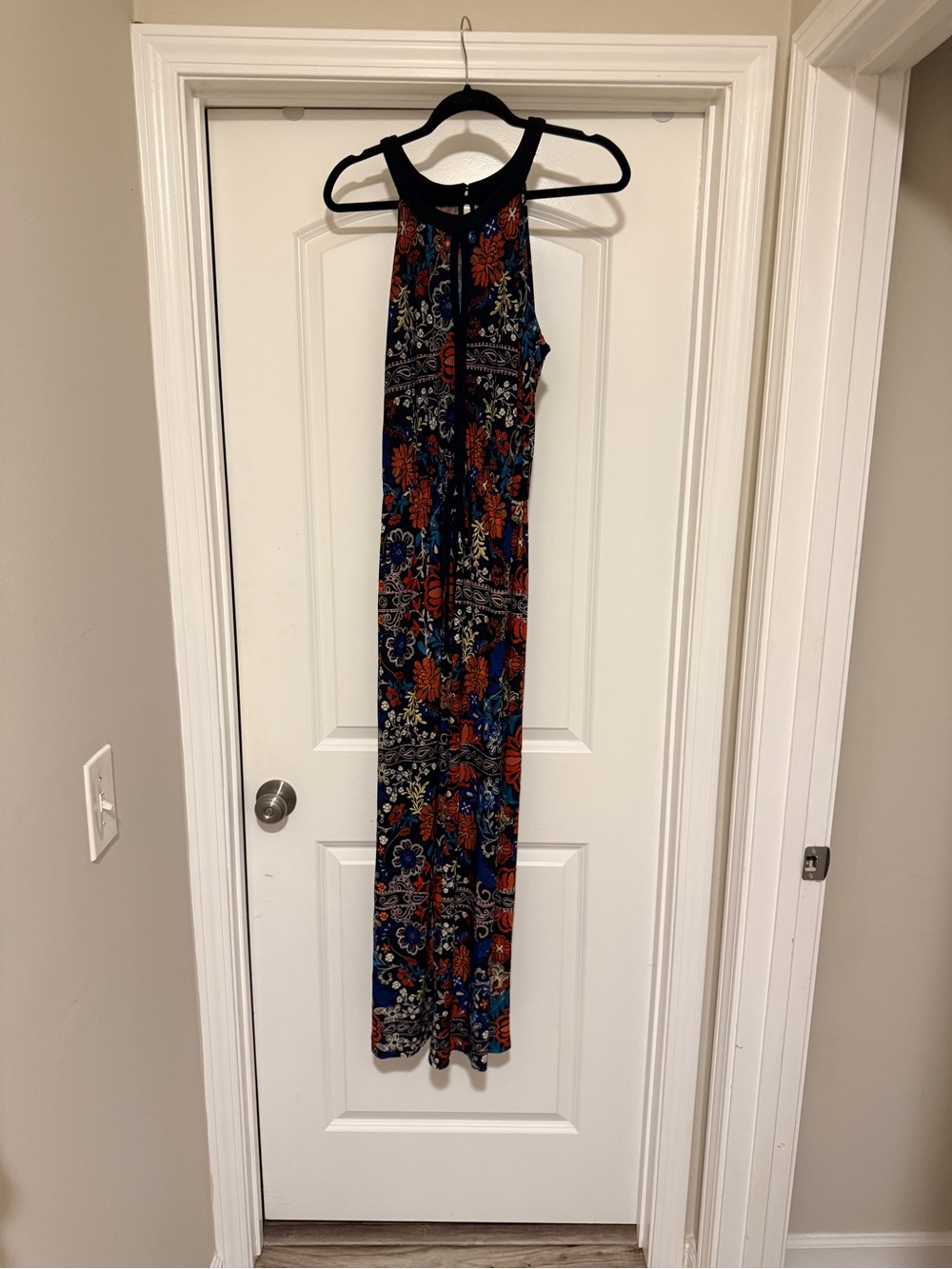 Enfocus Studio Black Floral Halter Maxi Dress with Red and Blue Accents